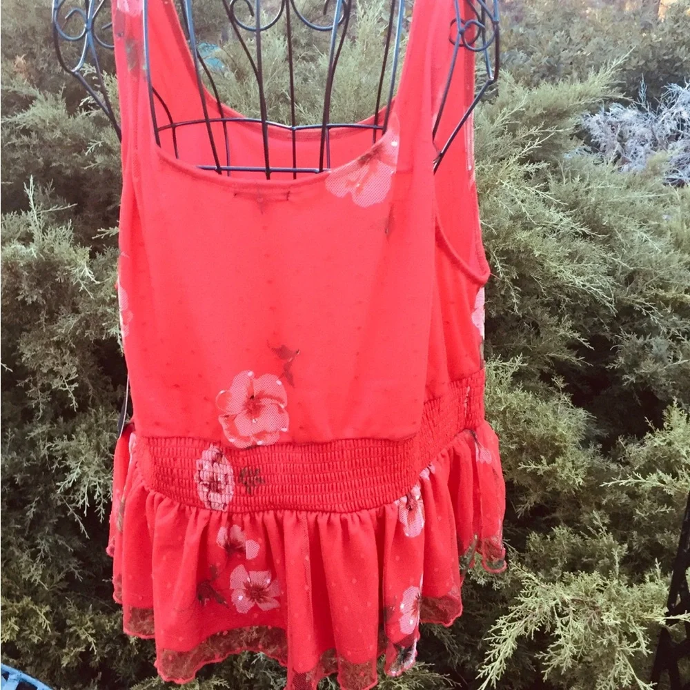 Willow Red Smocked  stretchy mesh lined Peplum Tank Top - Picture 10 of 13